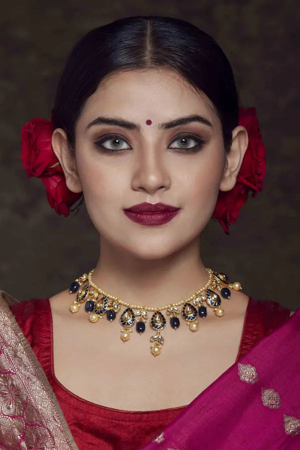 Blue Meenakari Pearl Drop Kundan Necklace