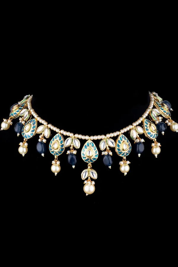 Blue Meenakari Pearl Drop Kundan Necklace