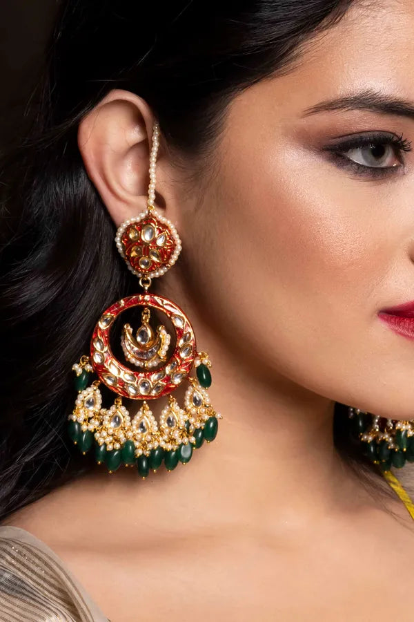 Graceful Red Meenakari and Emeralds Chandbali