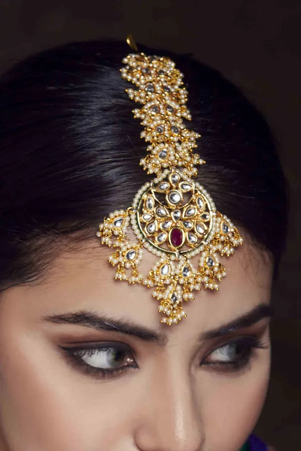 Gold Finish Pearl Kundan Thick Biya Maang Tikka