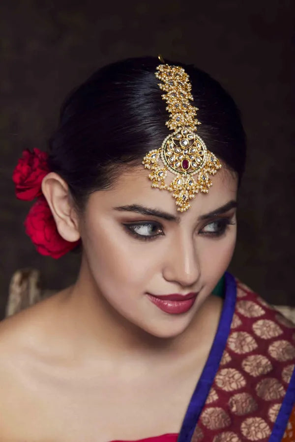 Gold Finish Pearl Kundan Thick Biya Maang Tikka