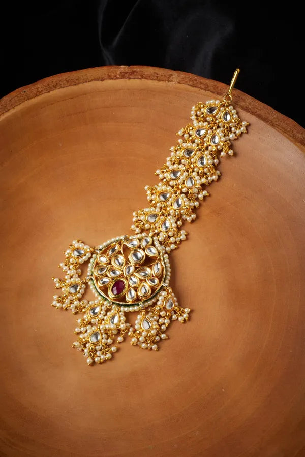 Gold Finish Pearl Kundan Thick Biya Maang Tikka