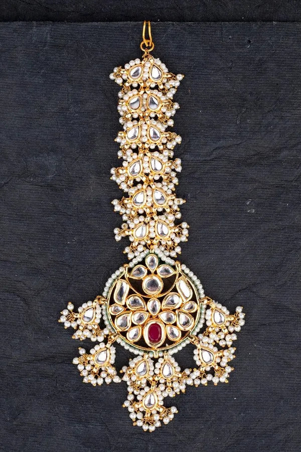 Gold Finish Pearl Kundan Thick Biya Maang Tikka