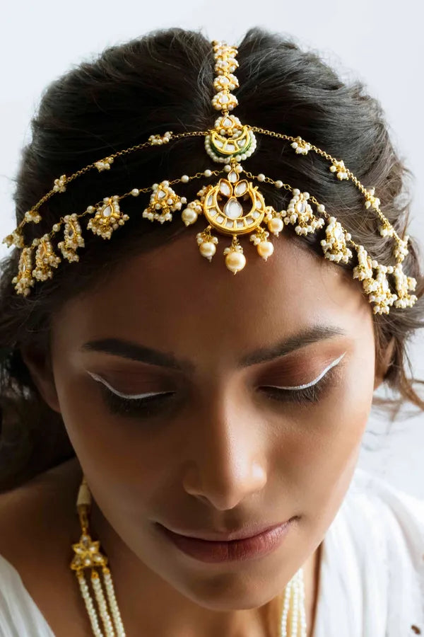Gold Finish Pearl Biya Dual String Kundan Matha Patti