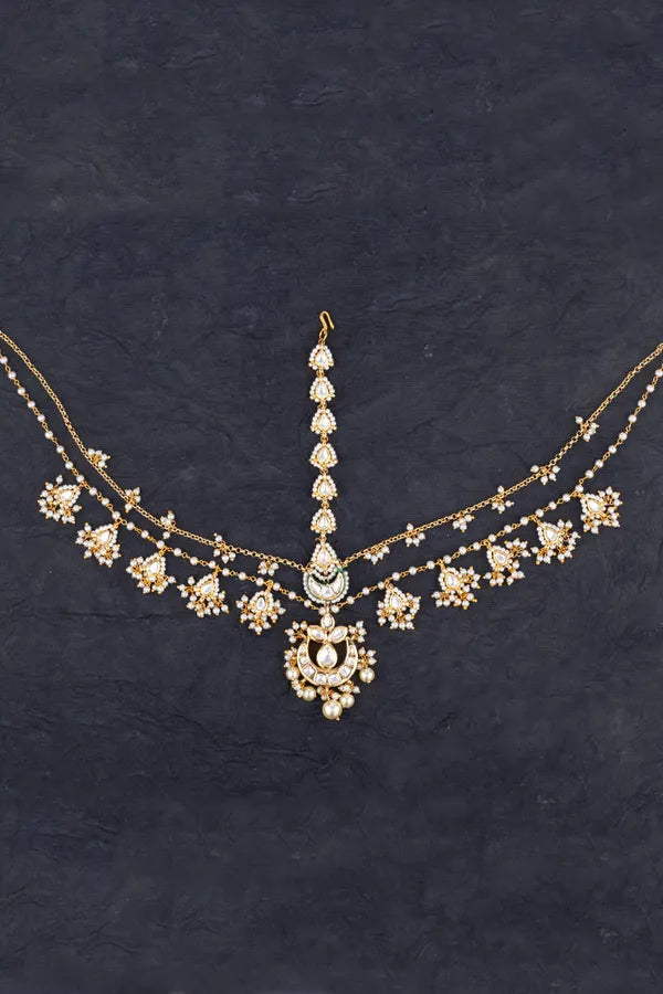 Gold Finish Pearl Biya Dual String Kundan Matha Patti