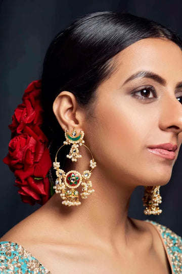 Green & Red Meenakari with Pearls Chandbali Earrings