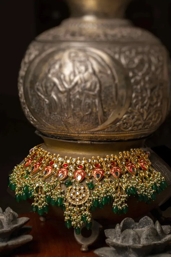 Red & Green Enamred Kundan Choker