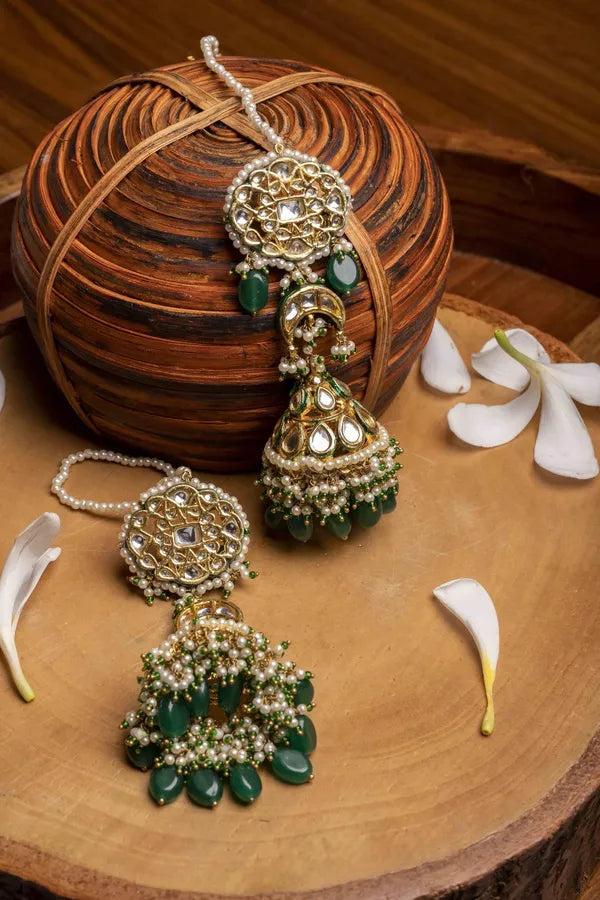 Green Pearl & Kundan Jhumki Earrings