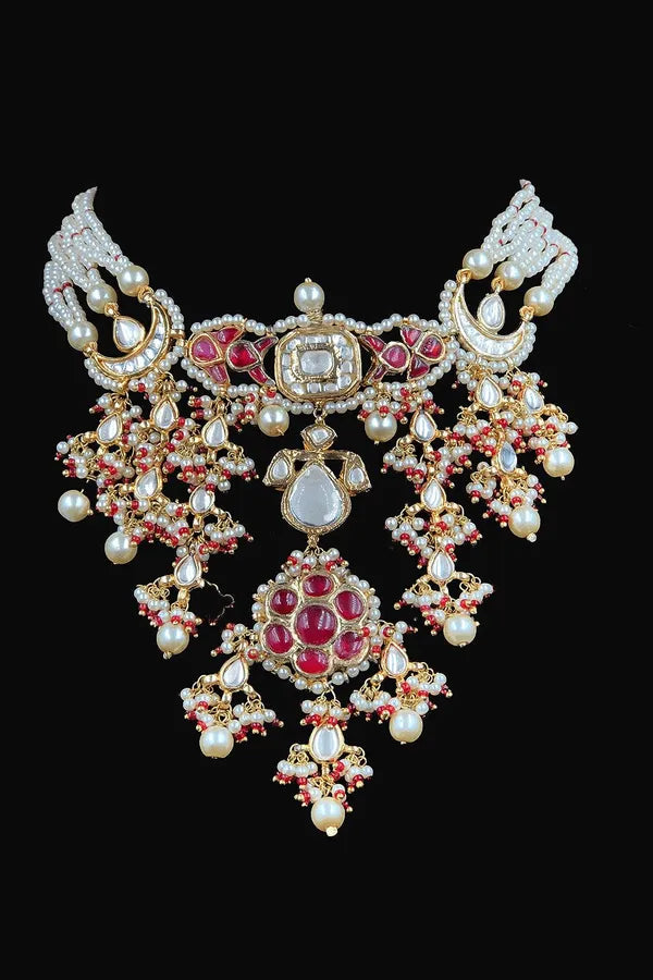 Red Kundan and Pearl Jadai Necklace
