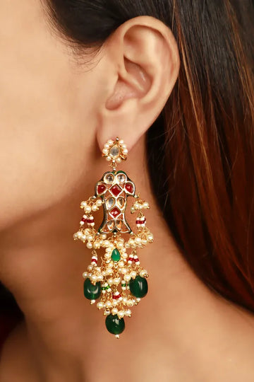 Red Fish Pearl And Emeralds Earrings