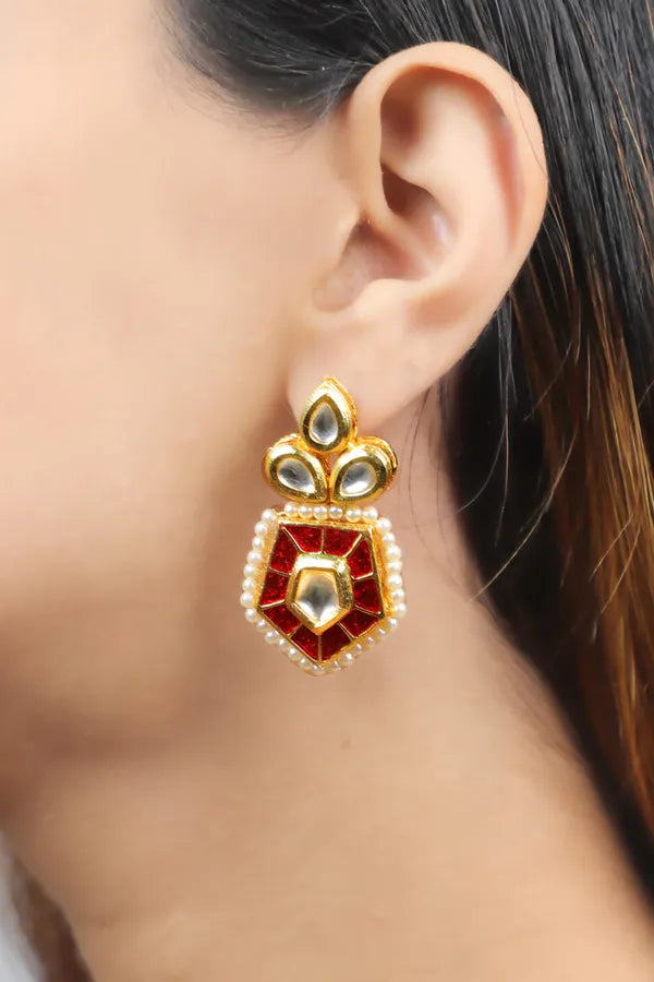 Gold Finish Red Kundan Hexagonal Dangler Earrings