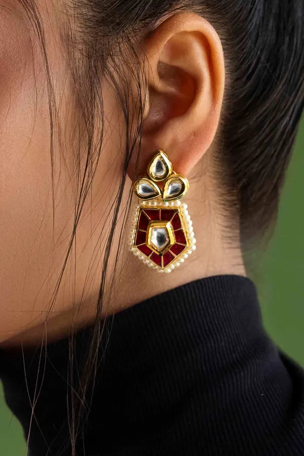Gold Finish Red Kundan Hexagonal Dangler Earrings