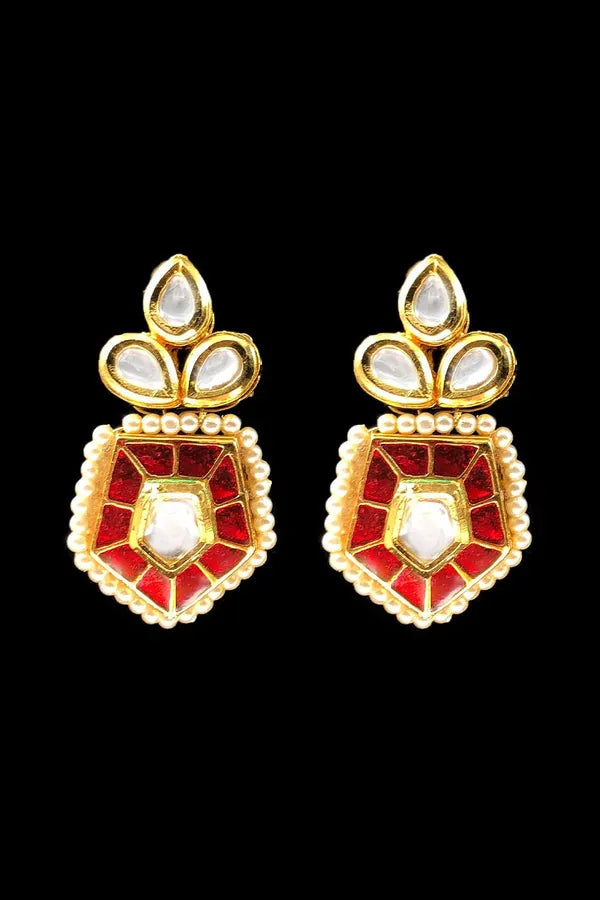 Gold Finish Red Kundan Hexagonal Dangler Earrings