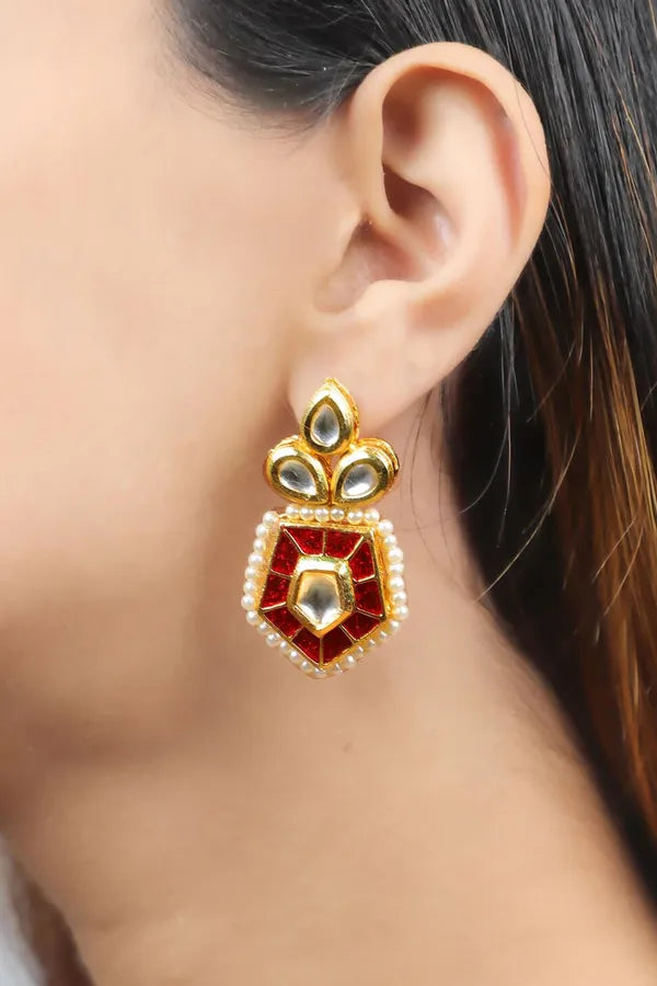 Gold Finish Red Kundan Hexagonal Dangler Earrings