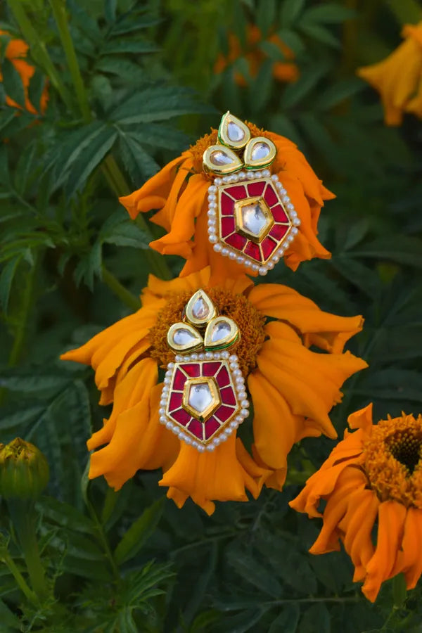 Gold Finish Red Kundan Hexagonal Dangler Earrings