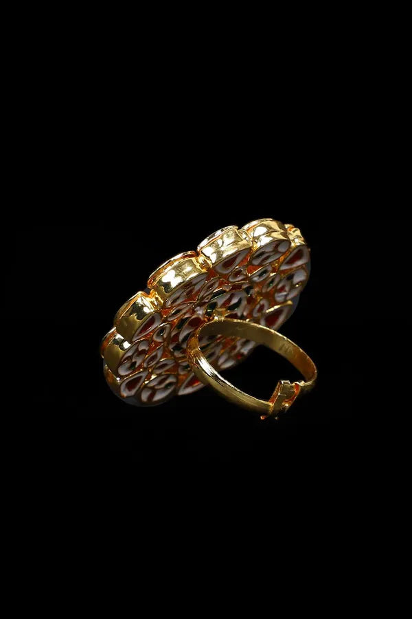 Red and Golden Double Layer Kundan Ring