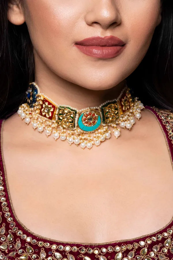 Multi Colored Statement Feroza Centre Choker Necklace