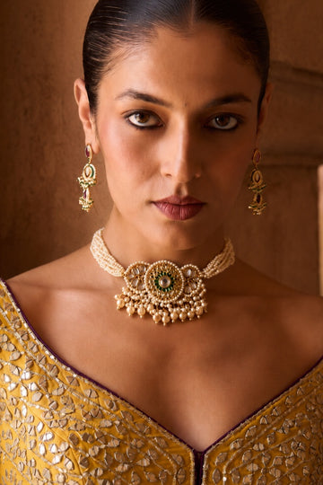 Green & Gold Meenakari Choker with Pearl Drops