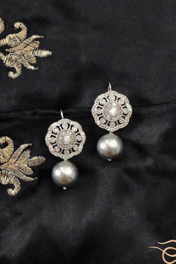 Flower Zirconia White Grey Earrings