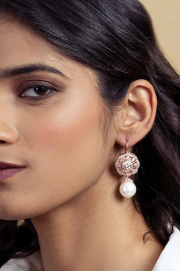Rose Gold Flower Zirconia White Pearl Earrings