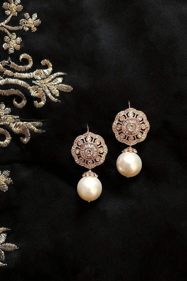 Rose Gold Flower Zirconia White Pearl Earrings