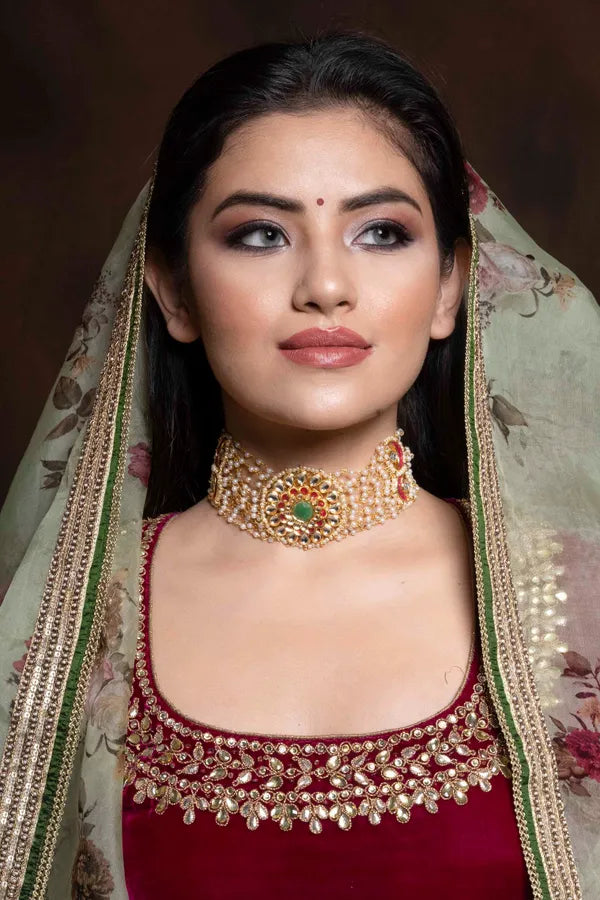 Red Green Kundan Flower Choker