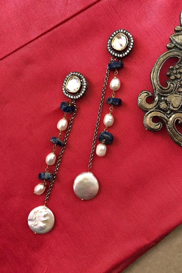 Pearl Drop Blue Stone Dangler Earrings