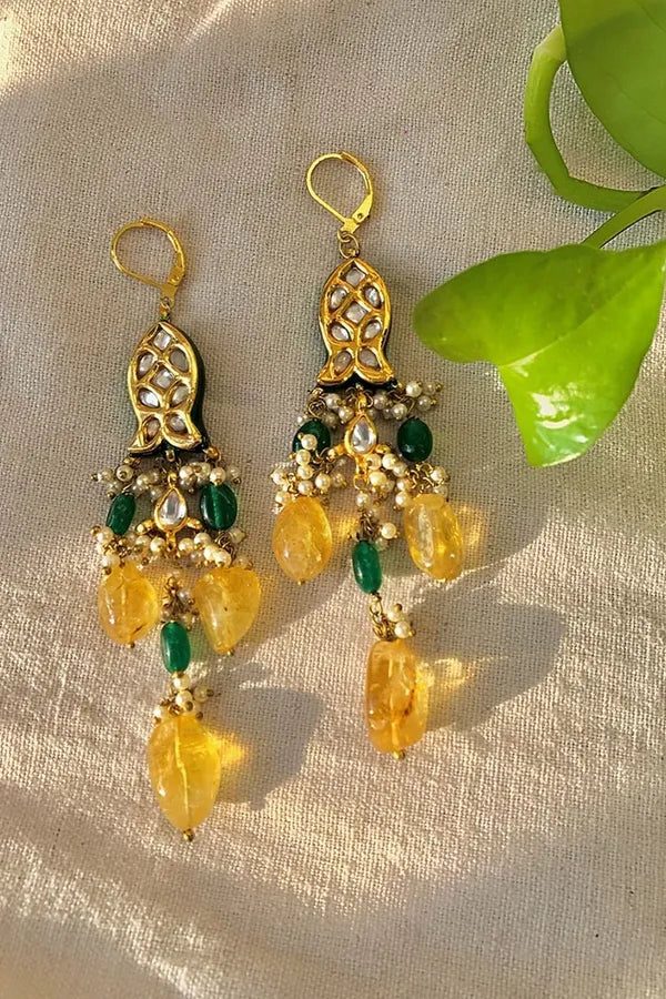 Kundan Fish Yellow Citrine Green Drops Dangler Earrings