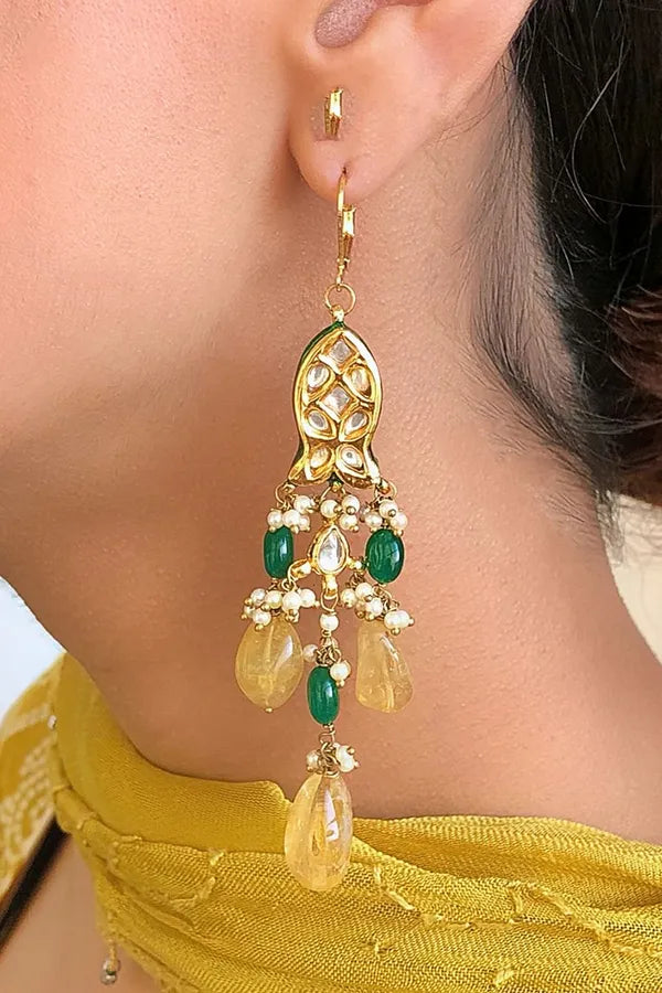 Kundan Fish Yellow Citrine Green Drops Dangler Earrings