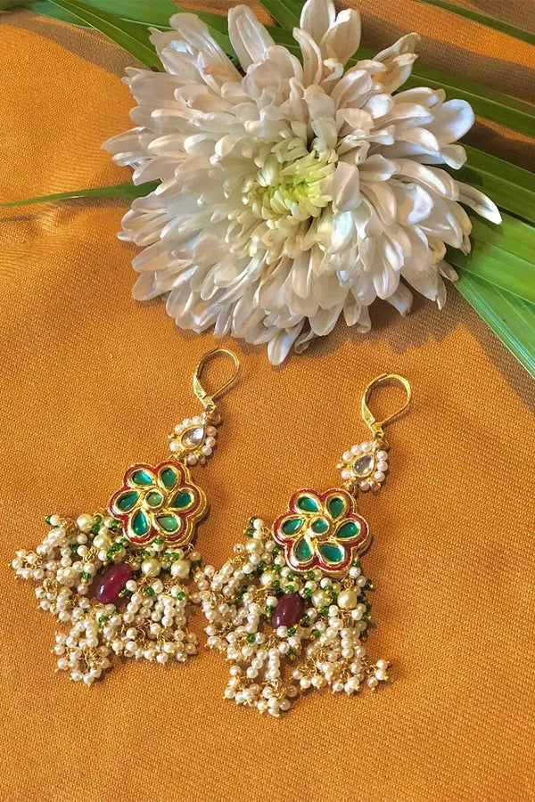 Green Red Pearl Drops Dangler Earrings