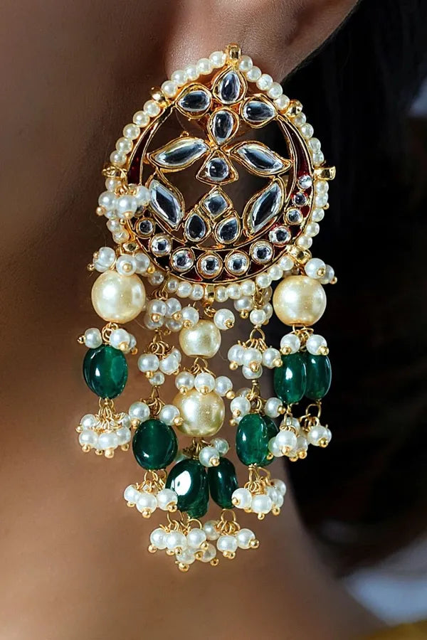 Red And Green Meena Pearl Drops Dangler Earrings