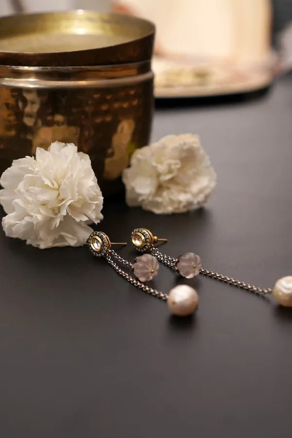 Rose Quarts Pearl Dangling Earrings