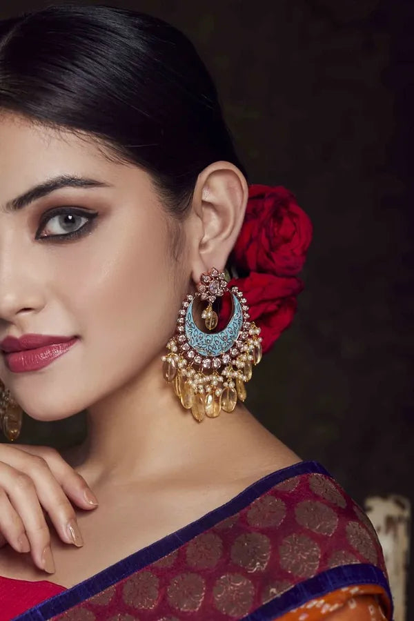 Light Blue Yellow Drops Chandbali Earrings