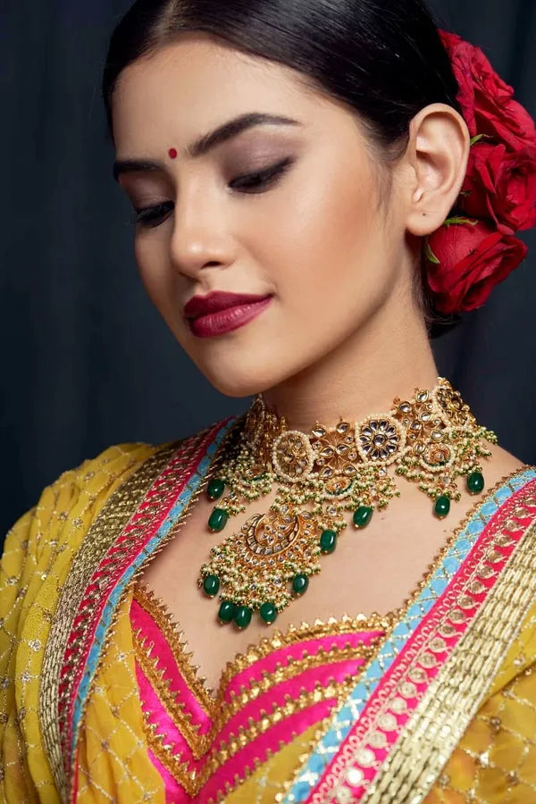 Statement Kundan Green Drops Choker Necklace
