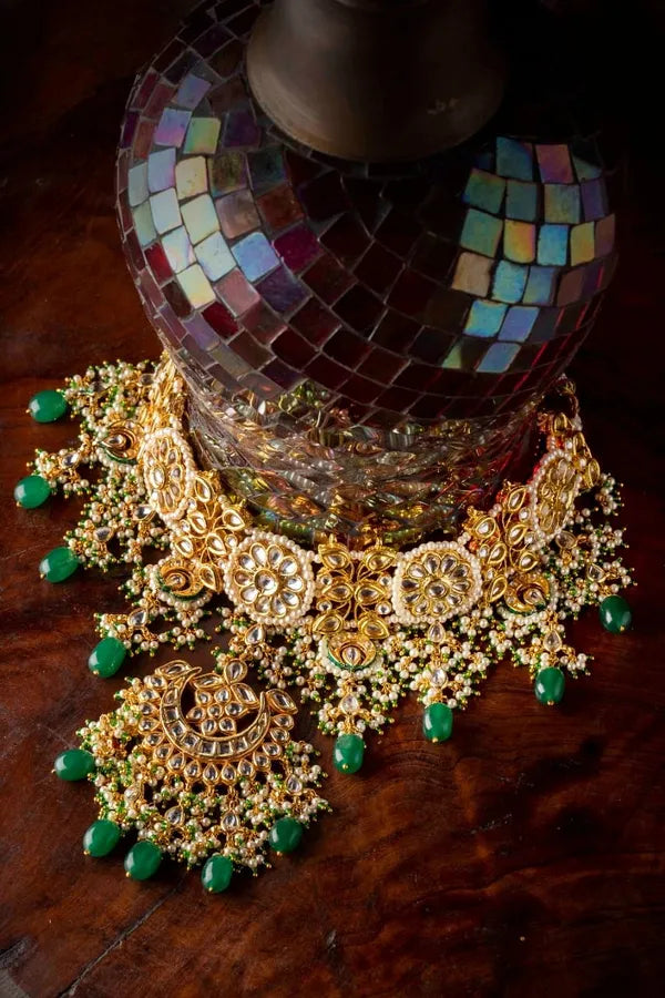 Statement Kundan Green Drops Choker Necklace