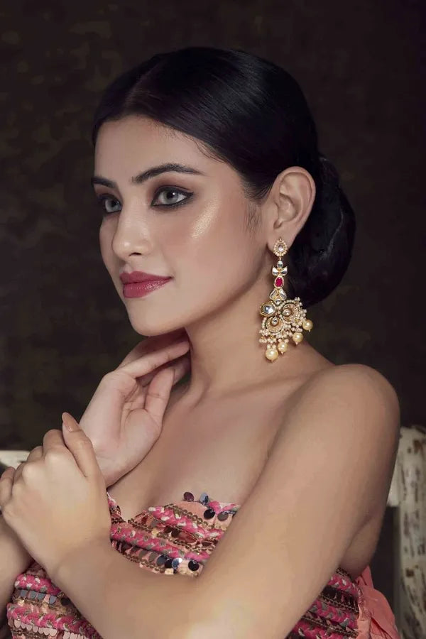 Red Centre Kundan Pearl Drop Dangler Earrings