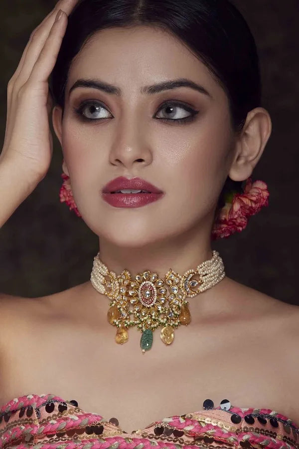 Kundan Green Yellow Drops Red Meena Choker Necklace