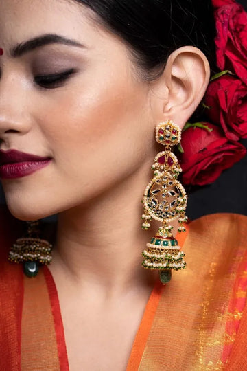 Statement Multi Kundan Green Drop Jhumki Dangler Earrings