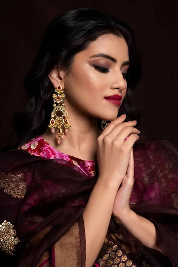 Dangling Kundan Red Drop Earrings