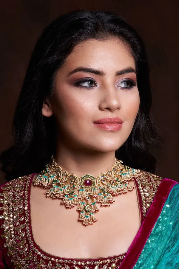 Statement Feroza Beads Hint Of Red Choker Necklace