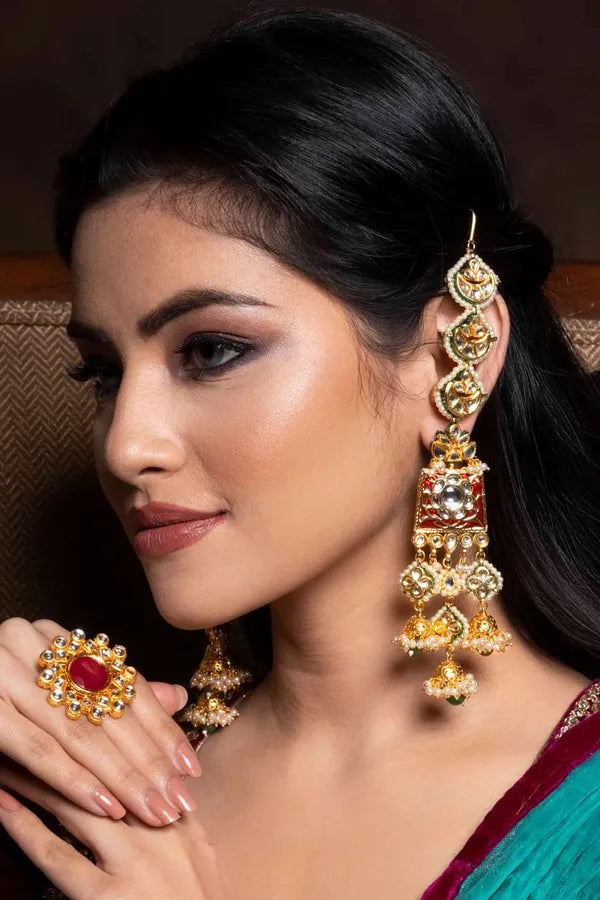 Statement Red Meena Green Drops Dangler Earrings