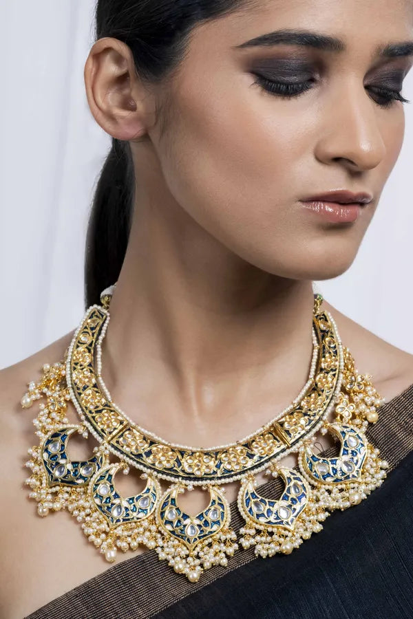 Statement Blue Chand Meenakari Choker Necklace