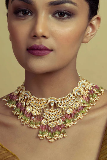 Statement Pink & Green Tourmaline Kundan Choker Necklace