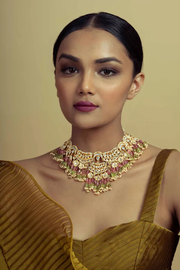 Statement Pink & Green Tourmaline Kundan Choker Necklace