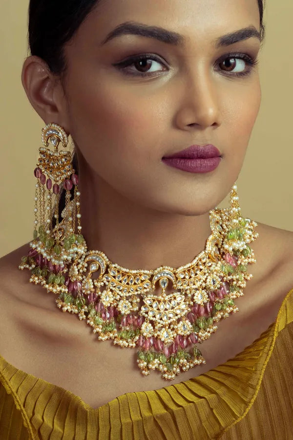 Statement Pink & Green Tourmaline Kundan Choker Necklace