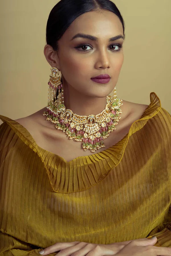 Statement Pink & Green Tourmaline Kundan Choker Necklace