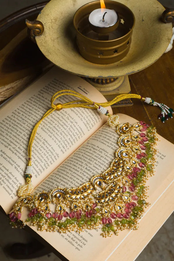 Statement Pink & Green Tourmaline Kundan Choker Necklace