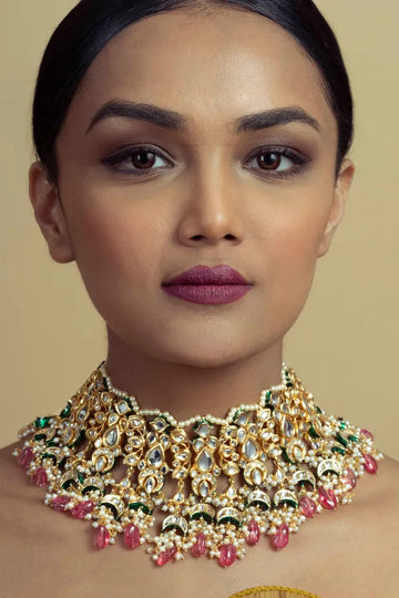 Gold & Green Meenakari Tourmaline Drops Choker Necklace