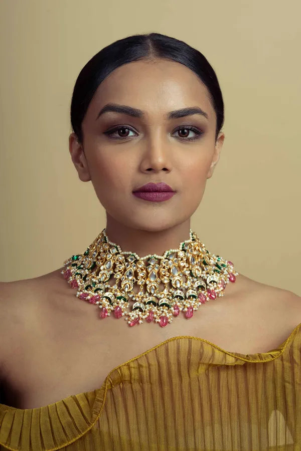 Gold & Green Meenakari Tourmaline Drops Choker Necklace