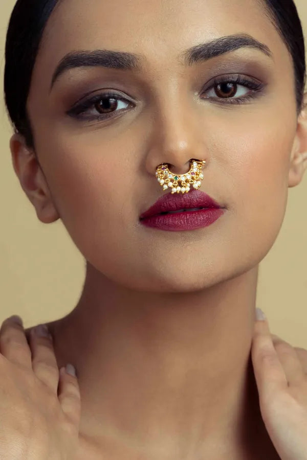 Gold Finish Red & Green Non-Pierced Kundan Nath With Pearl Drops